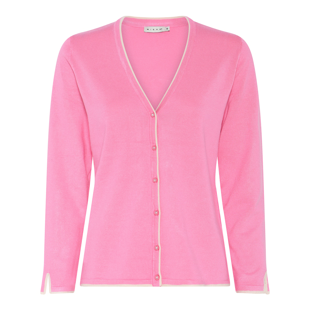 MICHA Cardigan Dame V-hals Viscose Strik med Kontrastkant og Perleknapper - Pink - XXXL