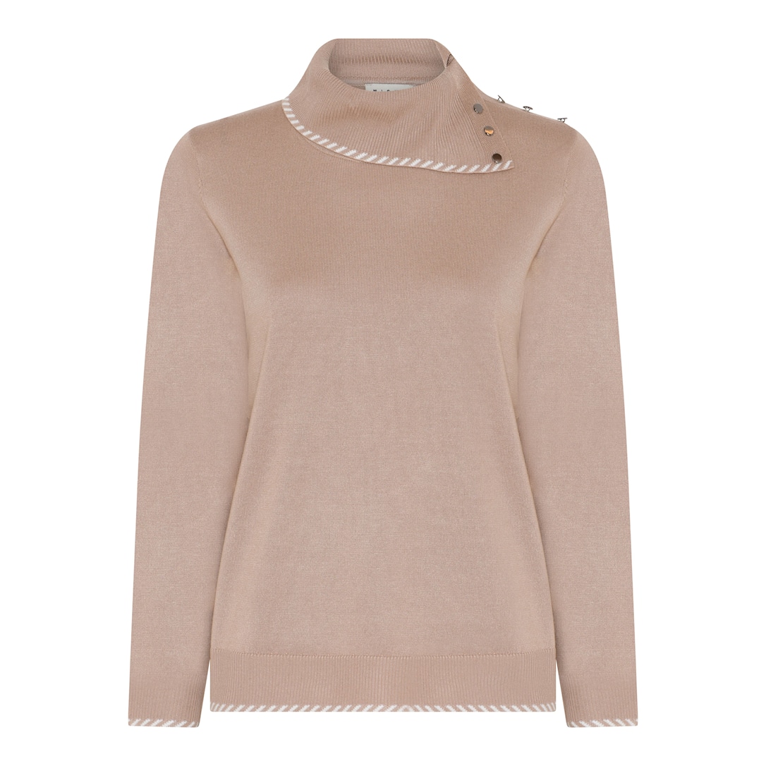 MICHA Sweater Høj Hals Viscose Strik w. Kant - Kamel - S
