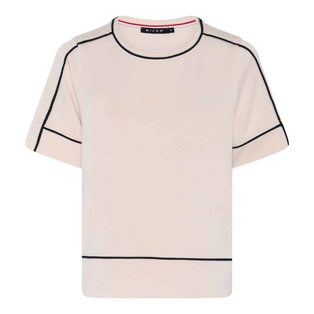 MICHA Sweatshirt Dame Korte Ærmer Modal med Kontrastpiping - Sand/Navy - XL