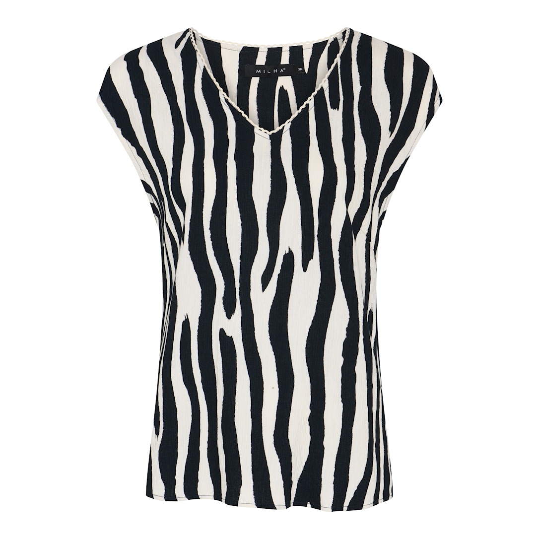 MICHA Top Dame V-hals Ærmeløs Zebraprint Viscose - Sort/Offwhite - Str. 36