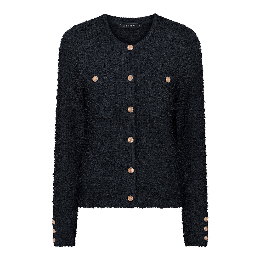 MICHA Cardigan Dame Rund Hals Viscose Strik med Bouclé og Guldknapper - Navy - S