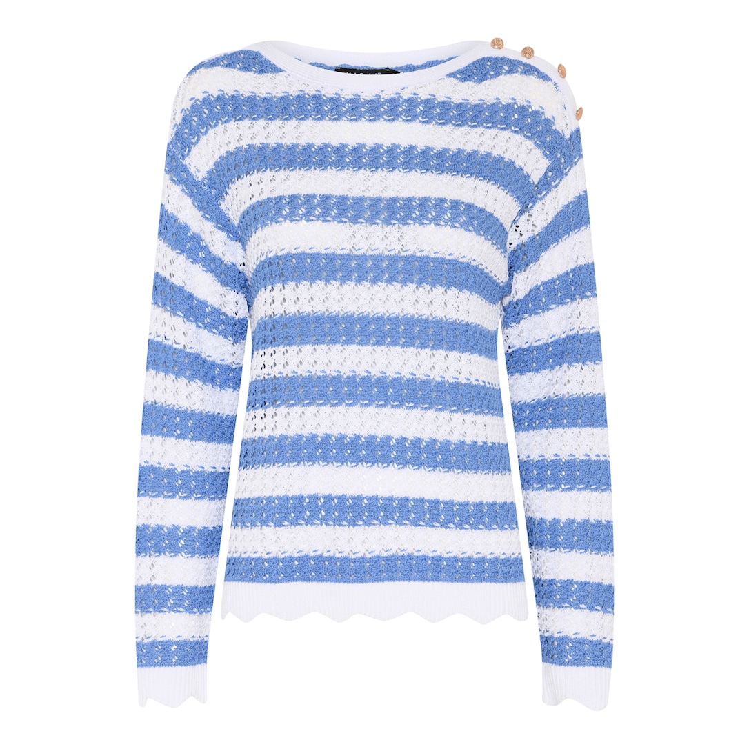 MICHA Strikbluse Dame Rund Hals Stribet Viscose Strik med Hulmønster - Hvid/Blå - L