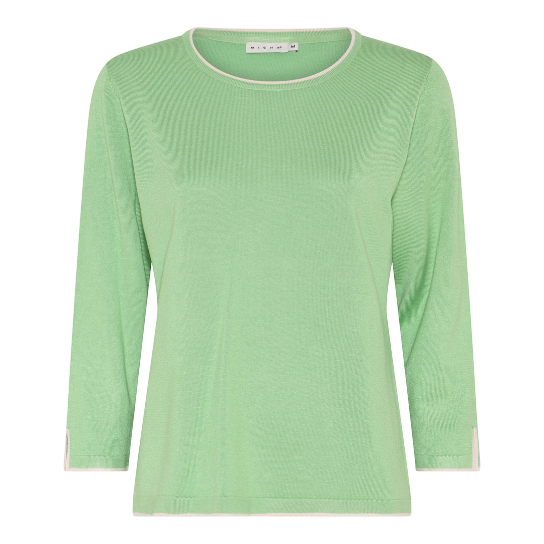MICHA Strikbluse Dame 3/4 Ærmer Rund Hals Viscose Strik med Kontrastkant - Grøn - 4XL