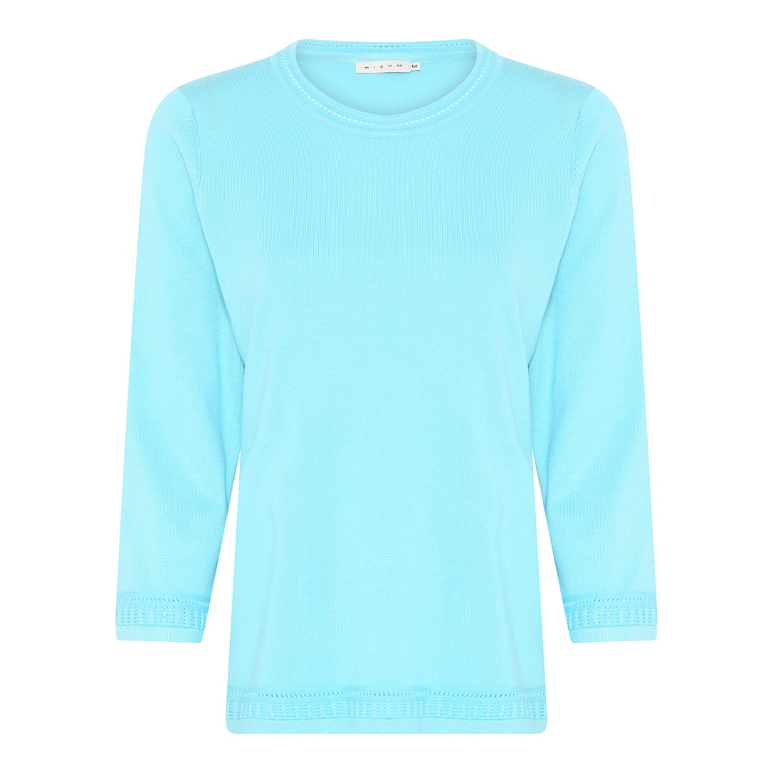 MICHA Strikbluse Dame 3/4 Ærmer Rund Hals Viscose Strik med Hulmønster - Aqua Blå - L