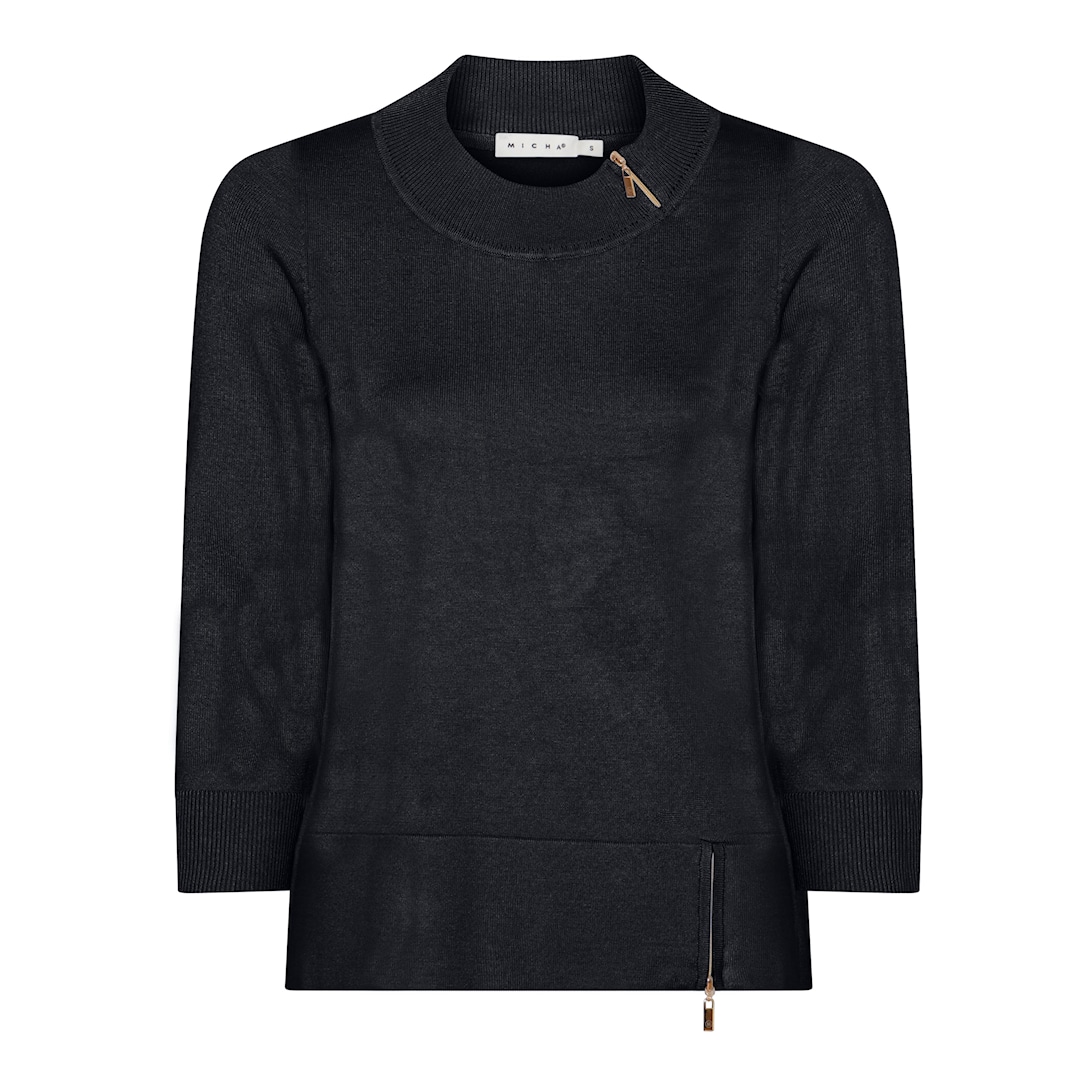 MICHA Strikbluse Dame 3/4 Ærmer Høj Hals Viscose Strik med Lynlåsdetaljer - Navy - S