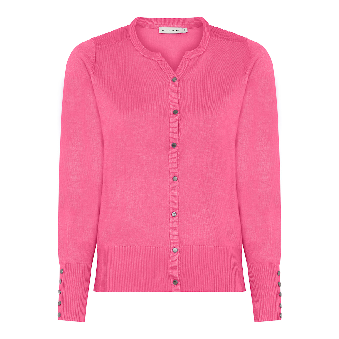 MICHA Cardigan Dame Rund Hals Viscose Strik med Knapper og Rib - Pink - S