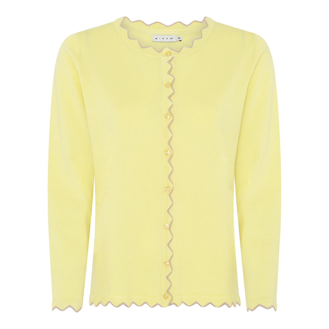MICHA Cardigan Dame Rund Hals Viscose Strik med Bølgekant og Knapper - Gul - 4XL