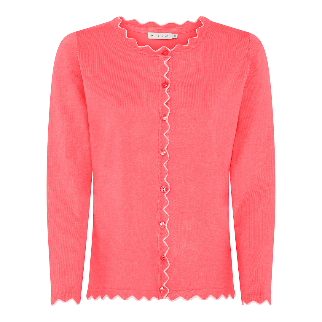 MICHA Cardigan Dame Rund Hals Viscose Strik med Bølgekant og Knapper - Koral - L