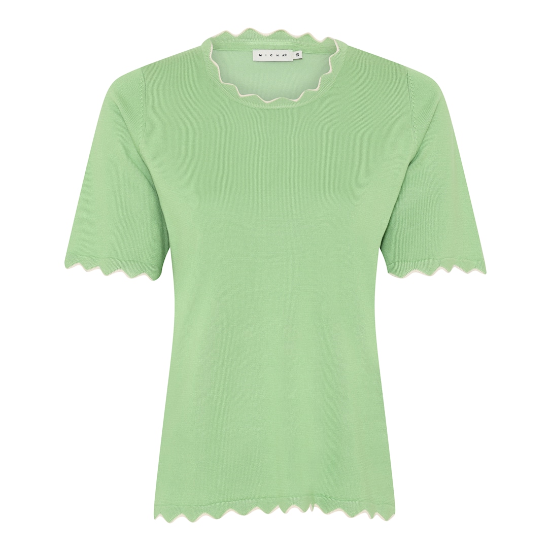 MICHA Strikbluse Dame Korte Ærmer Rund Hals Viscose Strik med Bølgekant - Grøn - XL