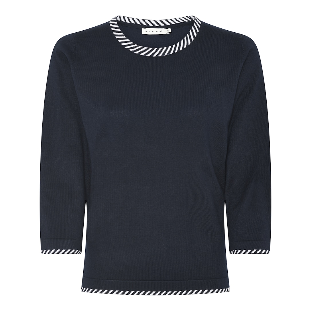 MICHA Strikbluse Dame 3/4 Ærmer Rund Hals Viscose Strik med Kontrastkant - Navy - L