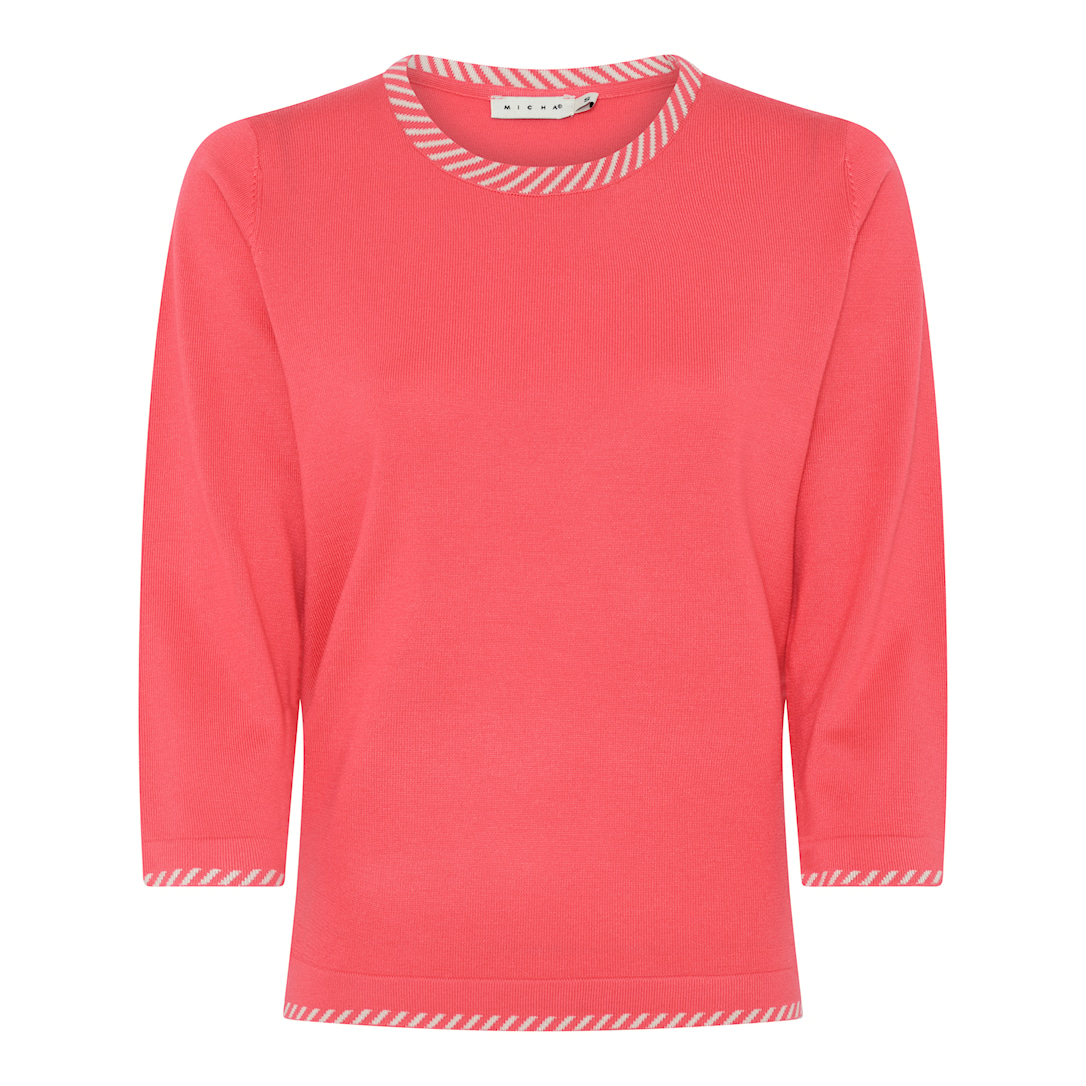 MICHA Strikbluse Dame 3/4 Ærmer Rund Hals Viscose Strik med Kontrastkant - Koral - XL