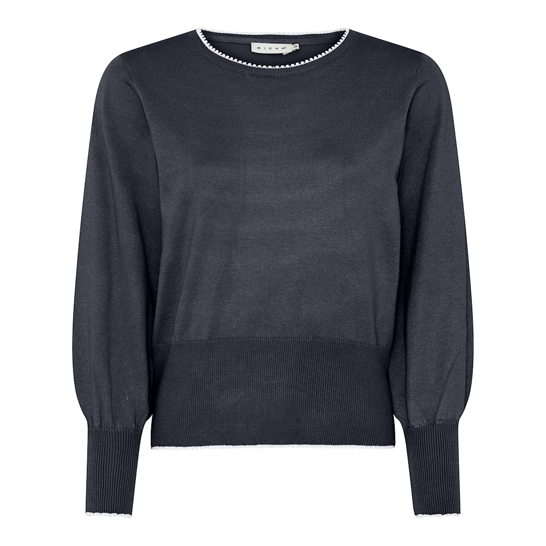 MICHA Strikbluse Dame Rund Hals Viscose Strik med Ballonærmer og Kontrastkant - Navy - L