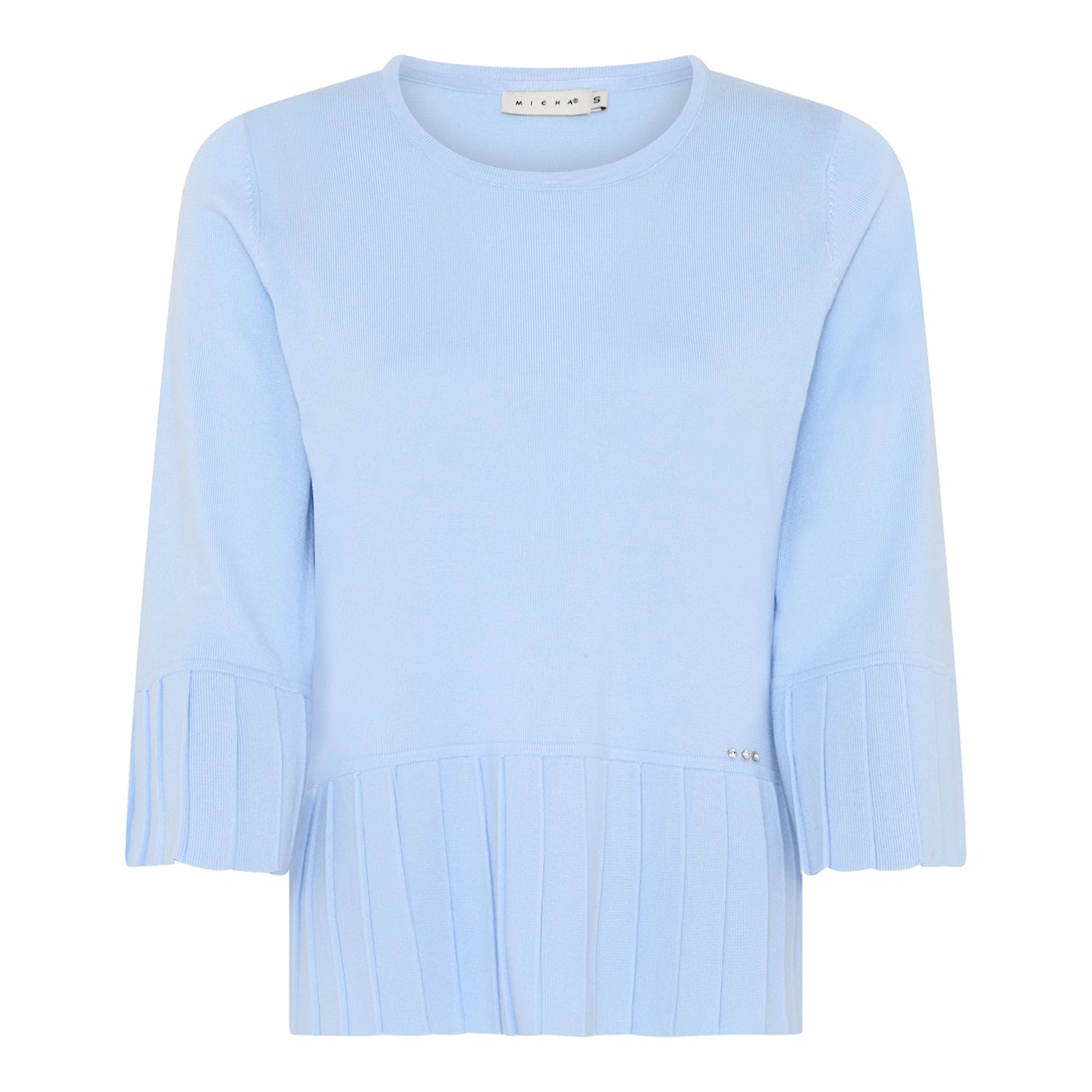 MICHA Strikbluse Dame 3/4 Ærmer Rund Hals Viscose Strik med Plisseret Kant - Himmelblå - S