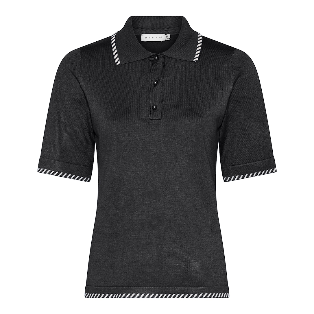 MICHA Strikbluse Dame Korte Ærmer Polokrave Viscose Strik med Knapper og Kontrastkant - Sort - L