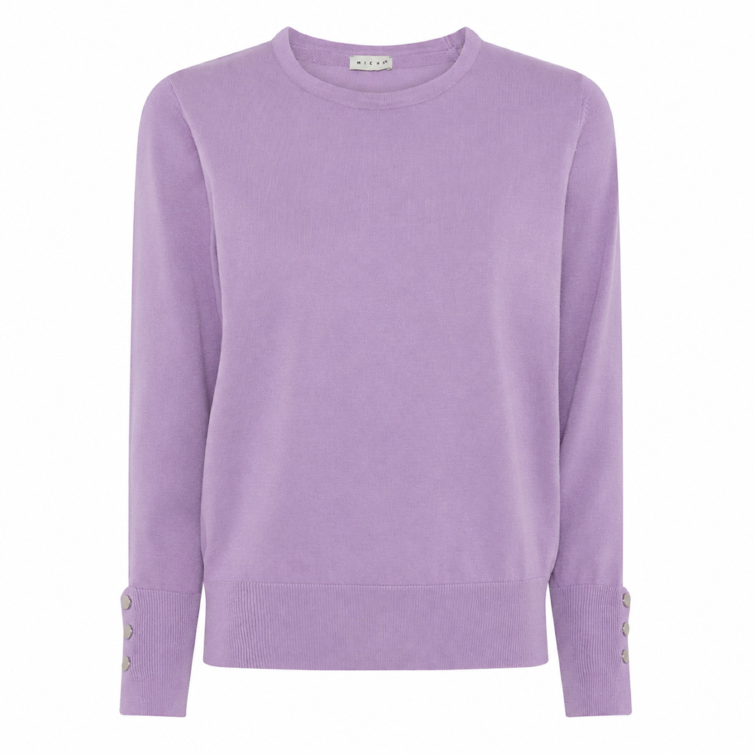 MICHA Strikbluse Dame Rund Hals Viscose Strik med Knapdetalje - Lavendel - L