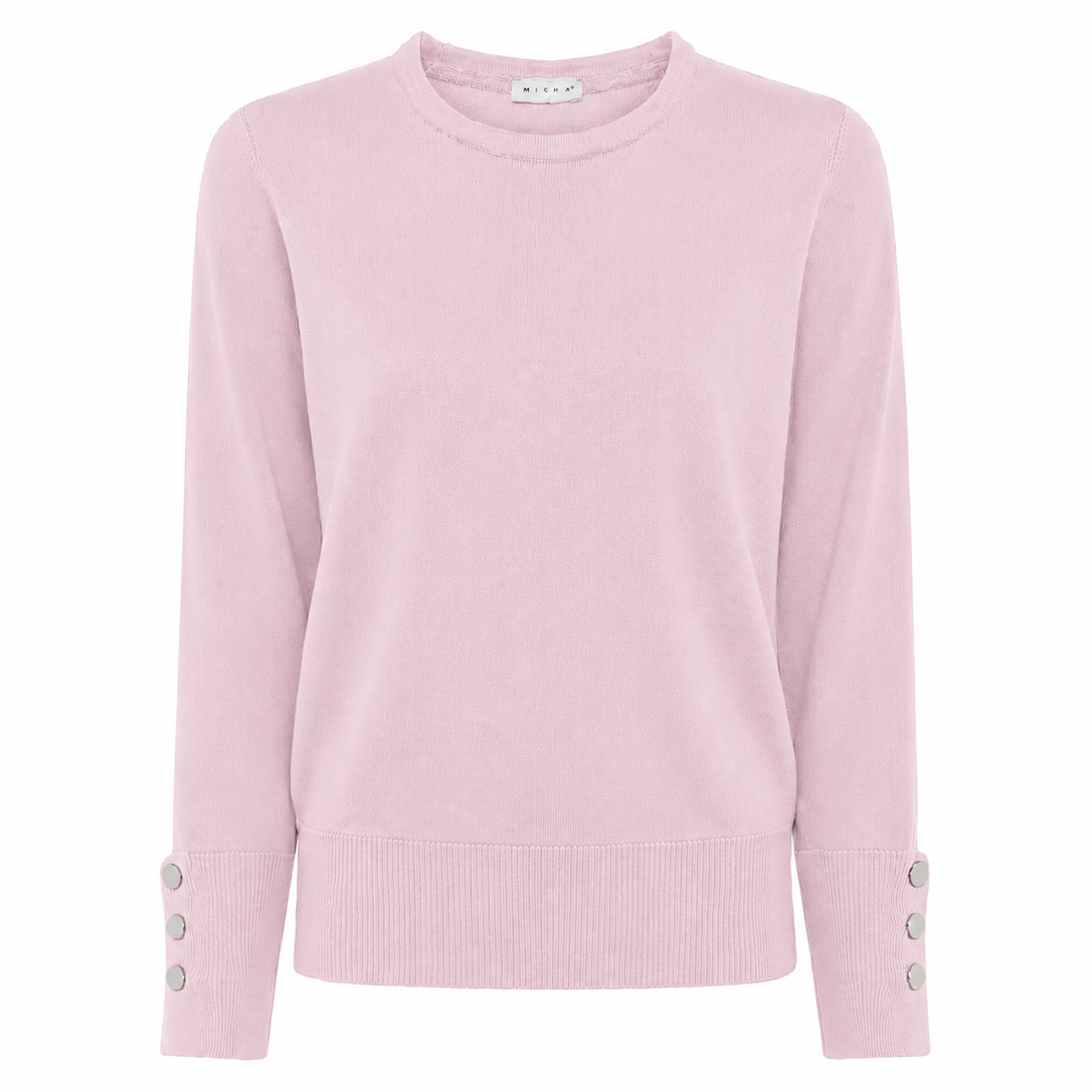 MICHA Strikbluse Dame Rund Hals Viscose Strik med Knapdetalje - Rosa - S