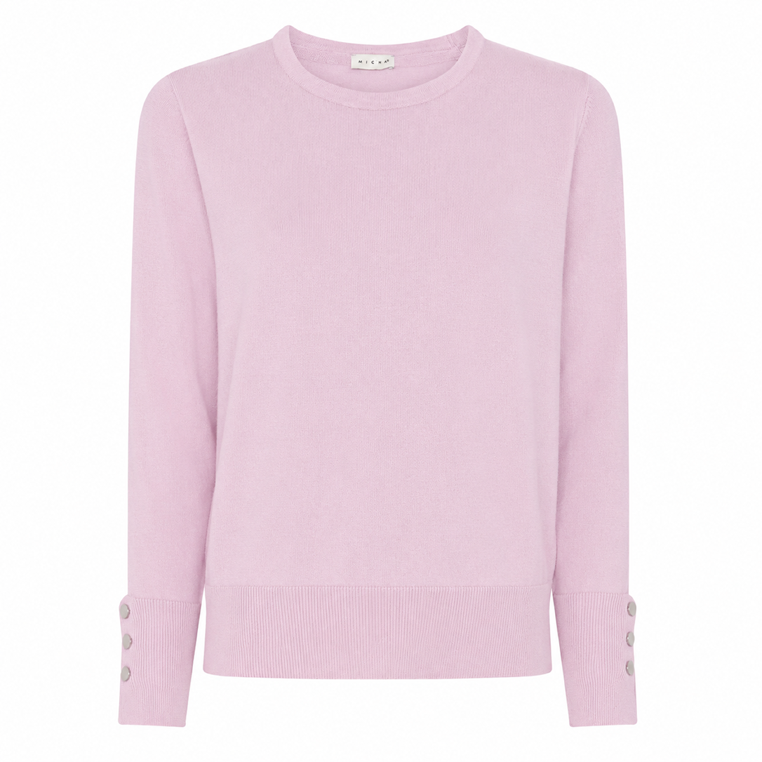 MICHA Strikbluse Dame Rund Hals Viscose Strik med Knapdetalje - Rosa - M