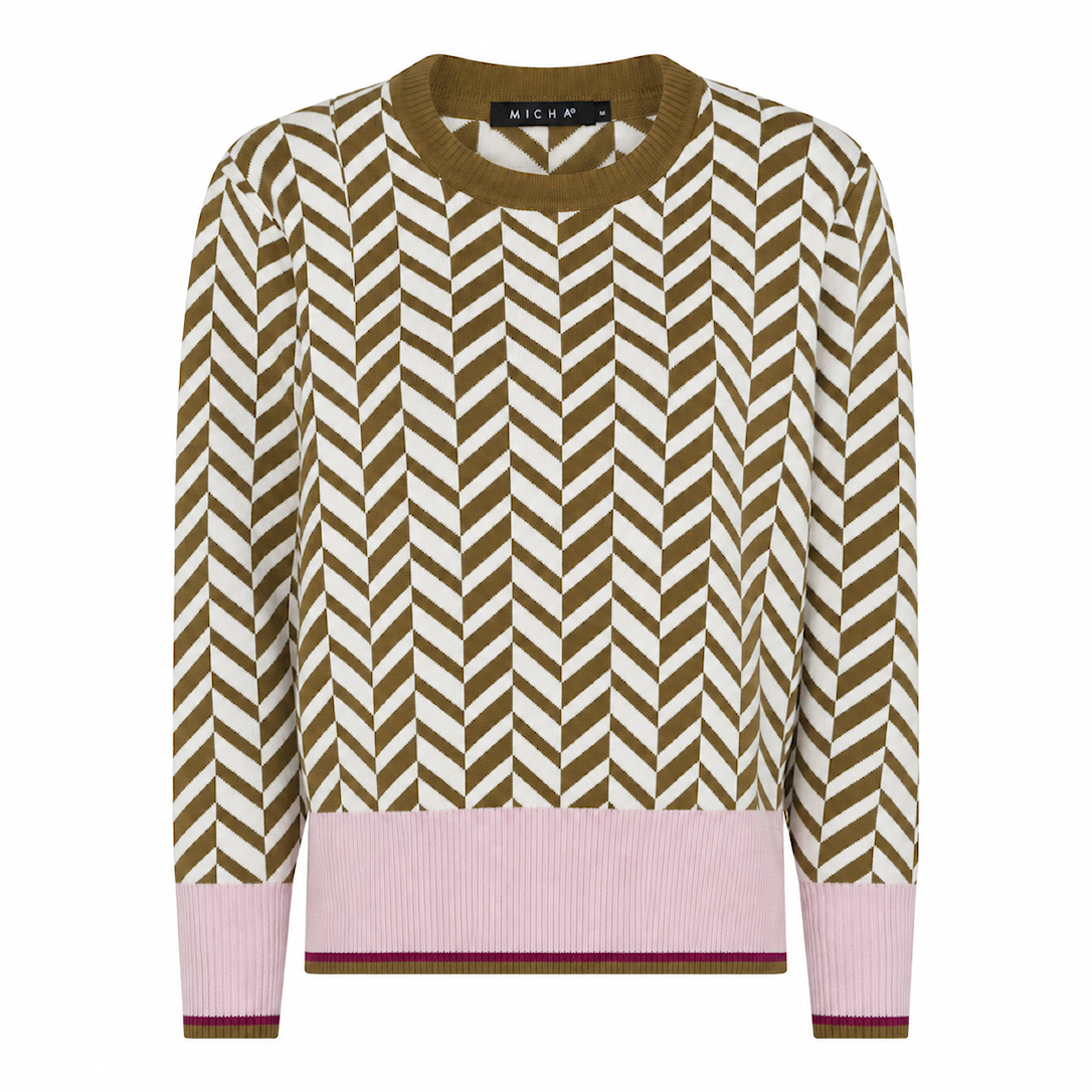 MICHA Strikbluse Dame Rund Hals Strik med Jacquardmønster - Rosa/Nougat - M
