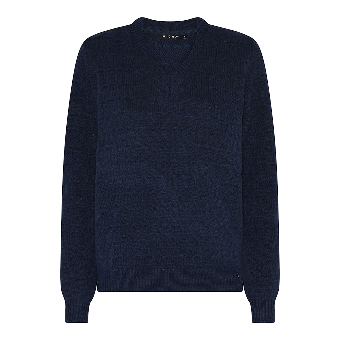 MICHA Strikbluse Dame V-hals Melange Strik - Navy Melange - L