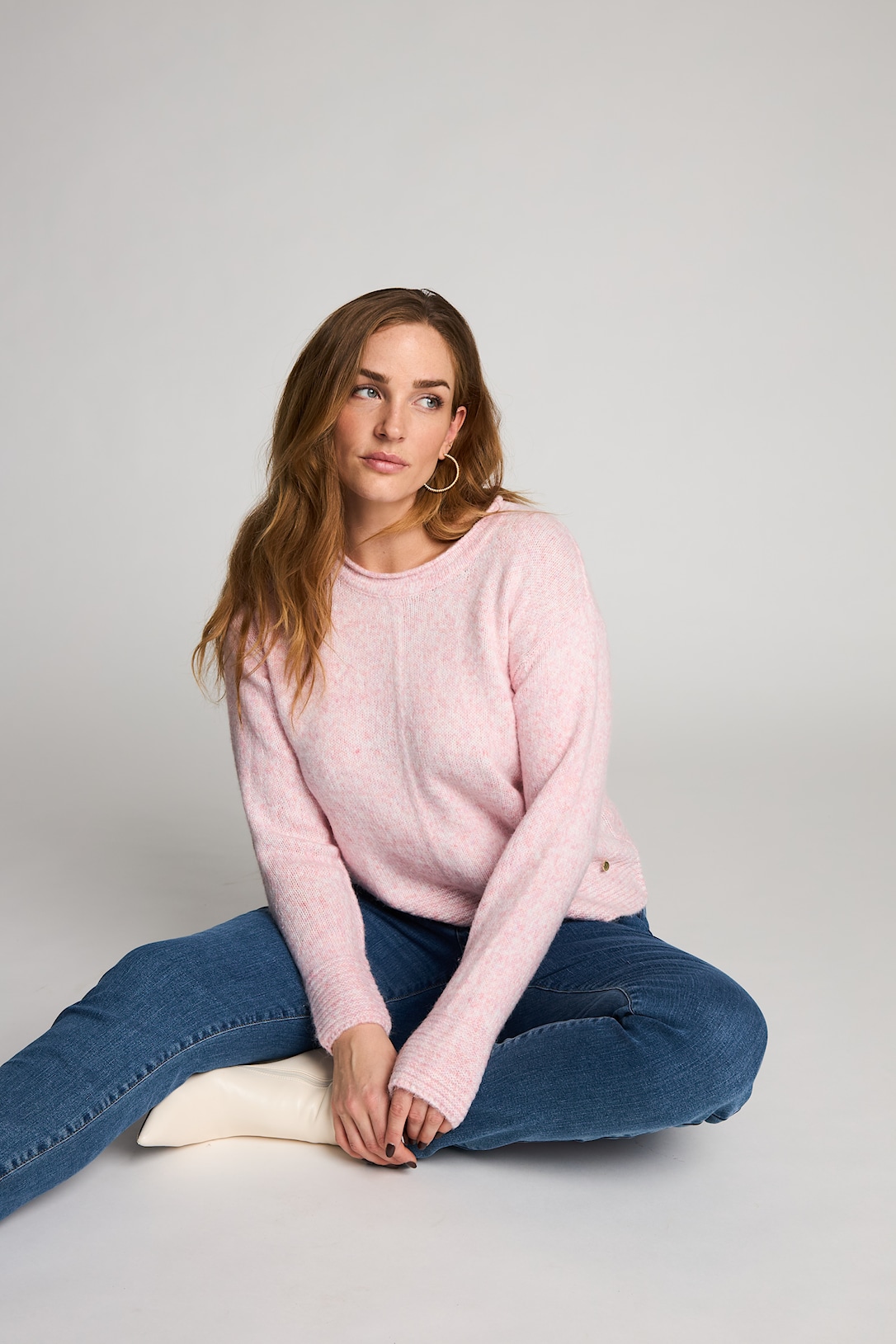 MICHA Strikbluse Dame Rund Hals Melange Strik - Navy Melange - L